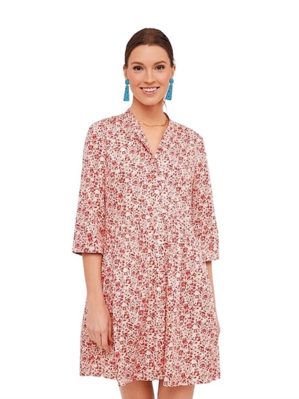 Tuckernuck Vermillion Ditsy Royal Shirt Dress Red White Floral Print Size m boho